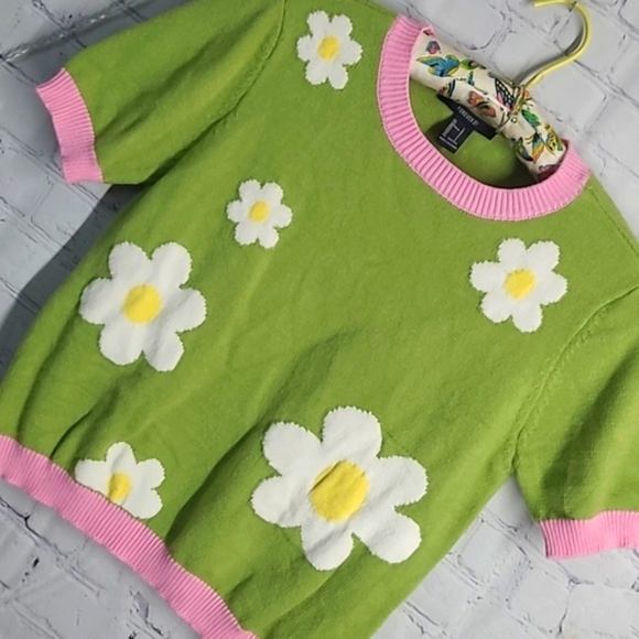 Forever 21 Vintage Inspired Springtime Daisy Floral Sweater Knit Top Womens Sz L - Picture 14 of 16
